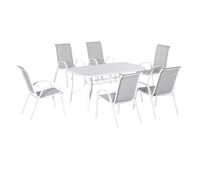 Outsunny conjunto de mesa y sillas jardín de 7 piezas, muebles de jardín exterior con mesa y 6 sillas para terraza con orificio para sombrilla y encimera de cristal, para terraza patio, gris