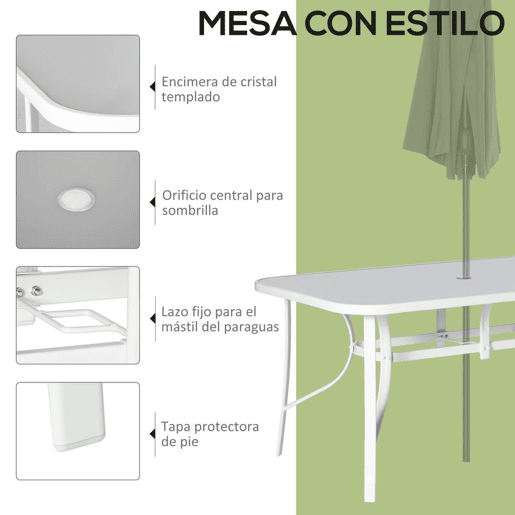 Outsunny Conjunto de Mesa e Cadeiras de Jardim com 7 Peças, Móveis de Jardim Exterior com Mesa e 6 Cadeiras para Terraço com Orifício para Guarda-Sol e Tampo de Vidro, para Terraço e Pátio, Cinzento