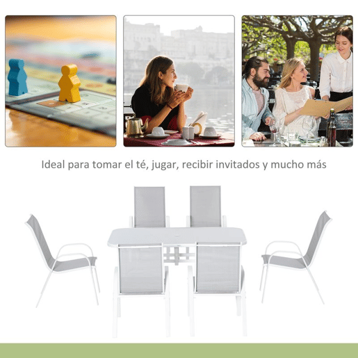 Outsunny Conjunto de Mesa e Cadeiras de Jardim com 7 Peças, Móveis de Jardim Exterior com Mesa e 6 Cadeiras para Terraço com Orifício para Guarda-Sol e Tampo de Vidro, para Terraço e Pátio, Cinzento