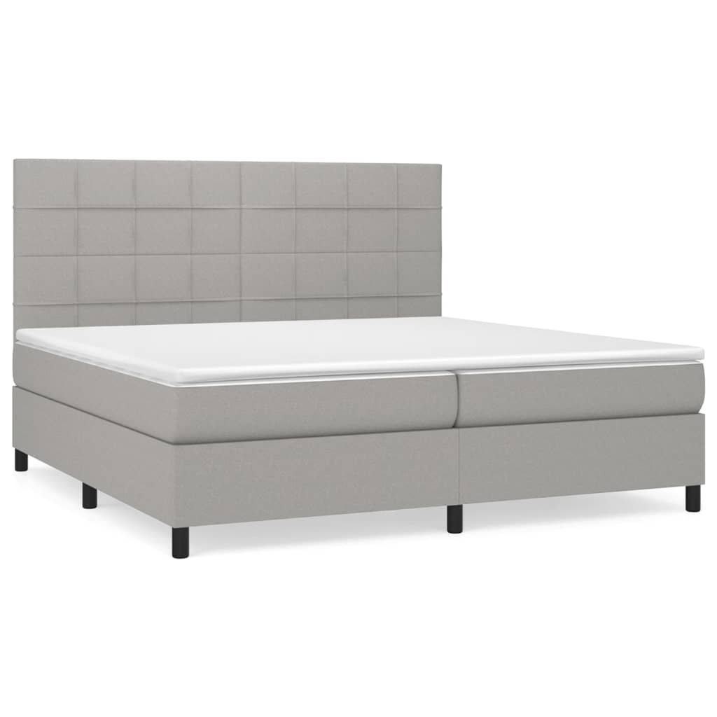 Cama box spring con colchón tela gris claro 200x200 cm bloques con cuadros