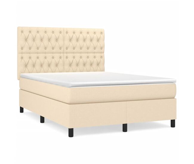 Cama box spring con colchón tela color crema 140x190 cm diseño de botones