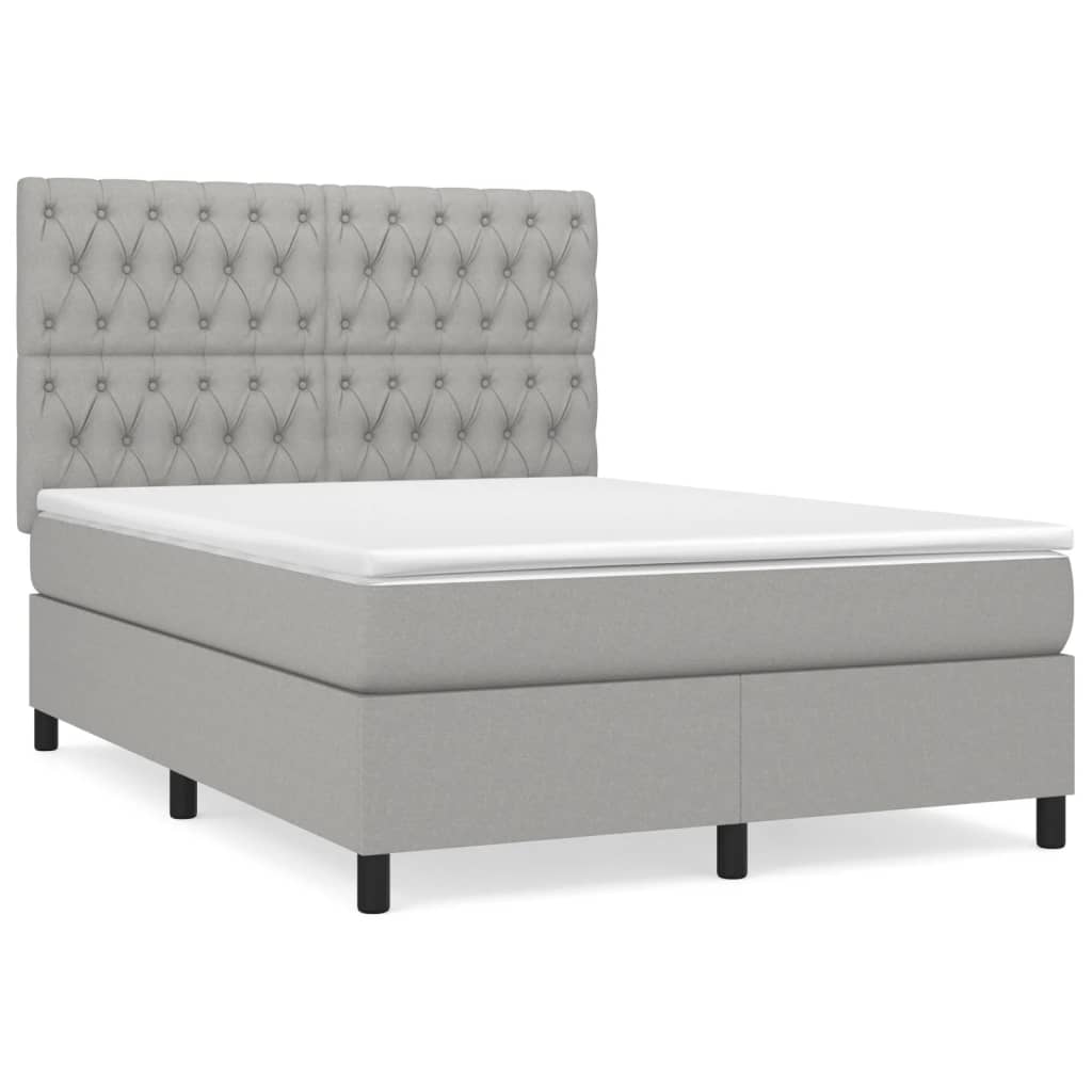 Cama box spring con colchón tela gris claro 140x190 cm diseño de botones