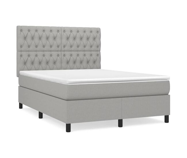 Cama box spring con colchón tela gris claro 140x190 cm diseño de botones
