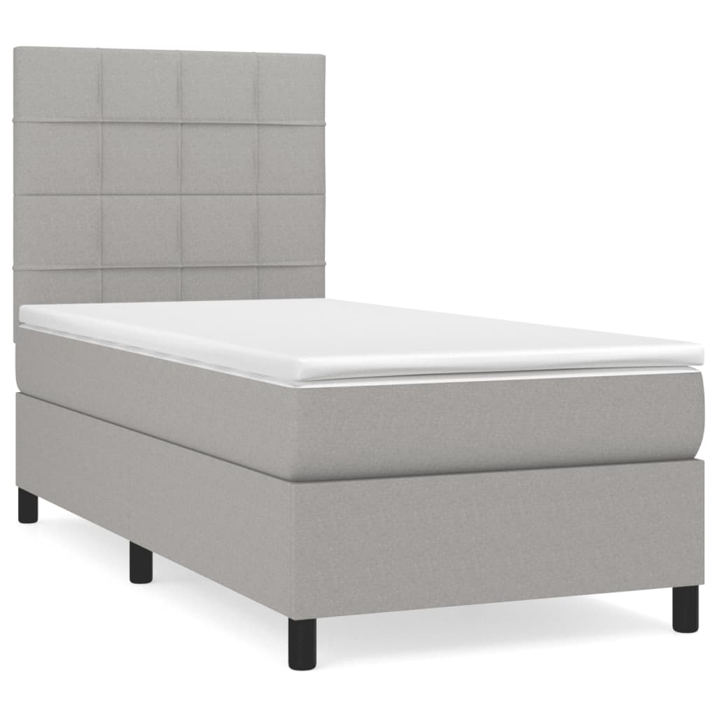 Cama box spring con colchón tela gris claro 90x200 cm bloques con cuadros
