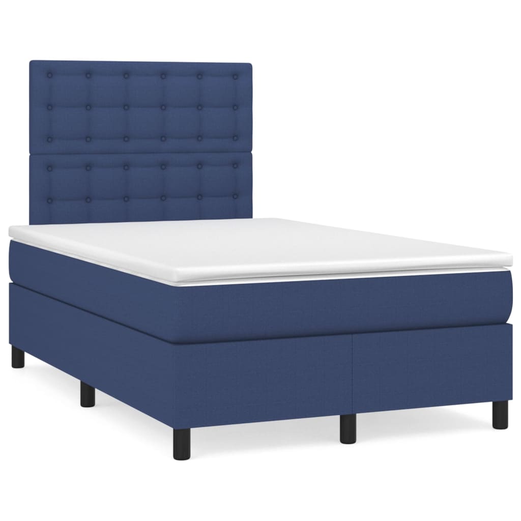 Cama box spring con colchón tela azul 120x200 cm botones