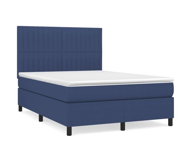 Cama box spring con colchón tela azul 140x190 cm rayas verticales