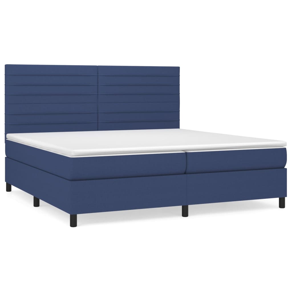 Cama box spring con colchón tela azul 200x200 cm rayas horizontales