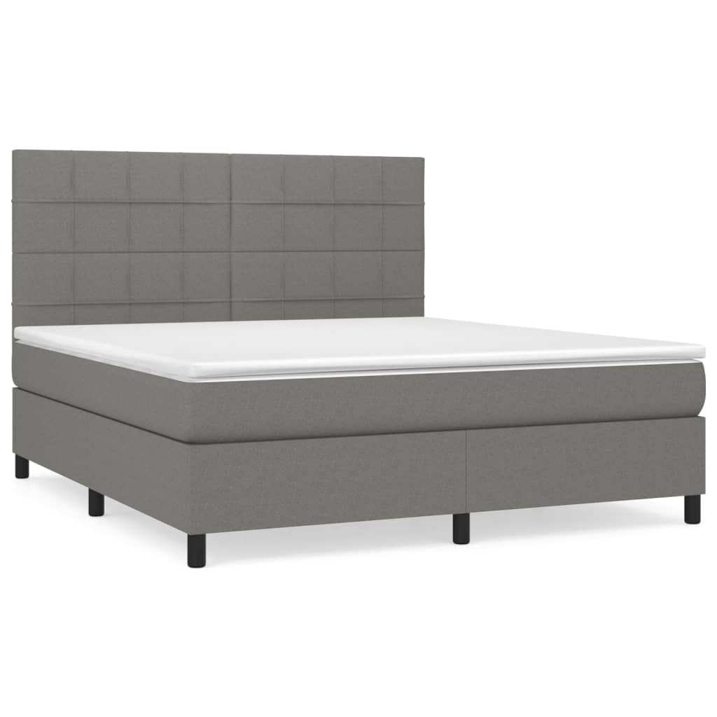 Cama box spring con colchón tela gris oscuro 160x200 cm bloques con cuadros