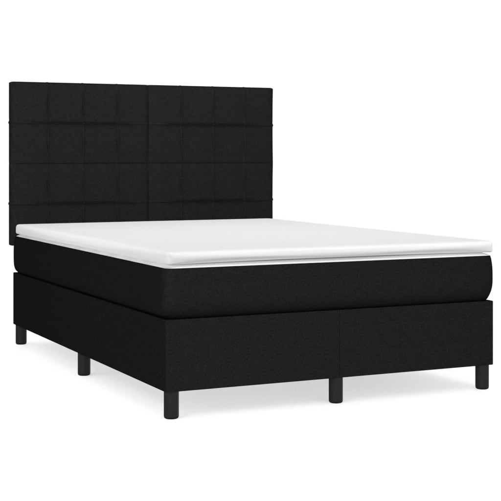 Cama box spring con colchón tela negro 140x190 cm bloques con cuadros