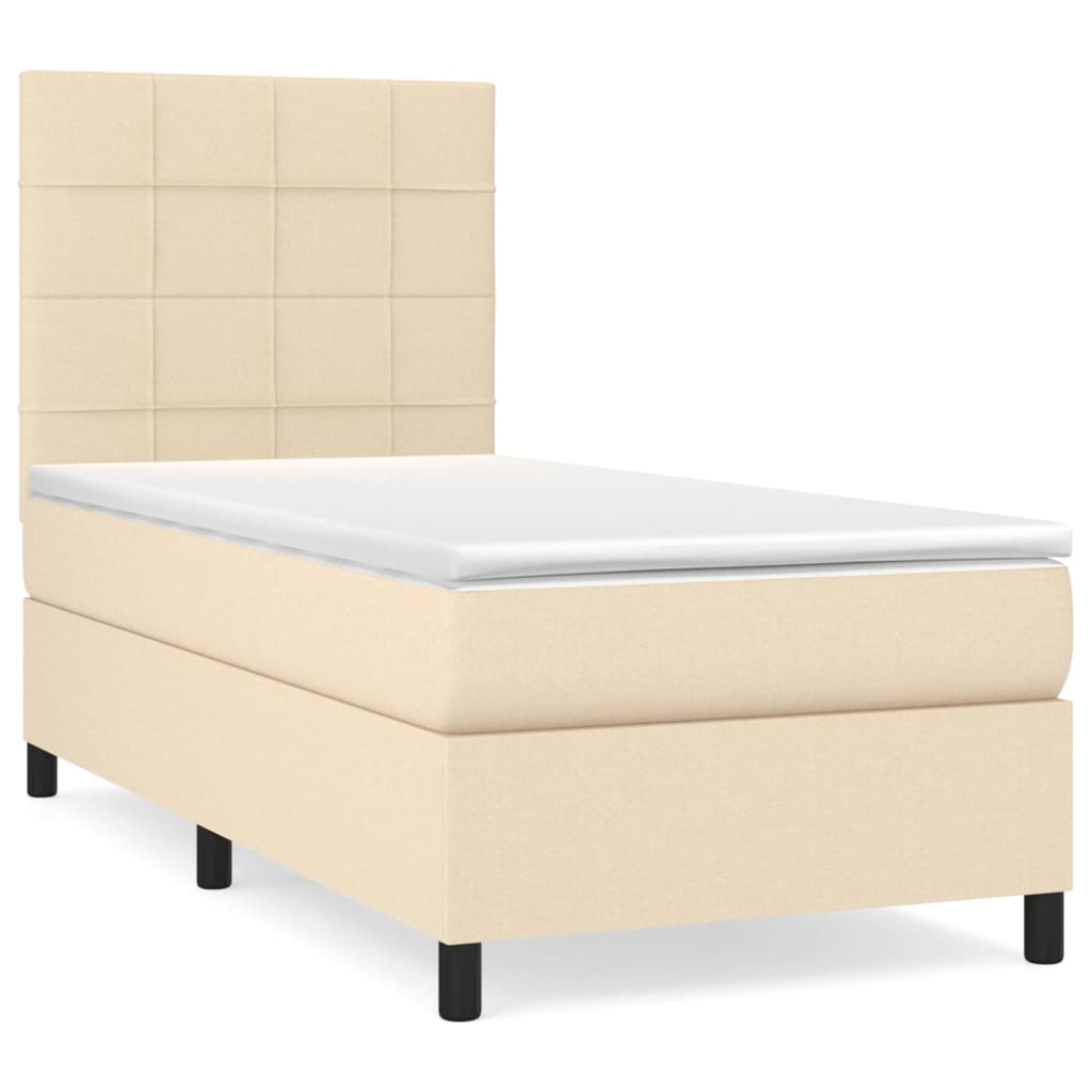 Cama box spring con colchón tela color crema 90x200 cm bloques con cuadros