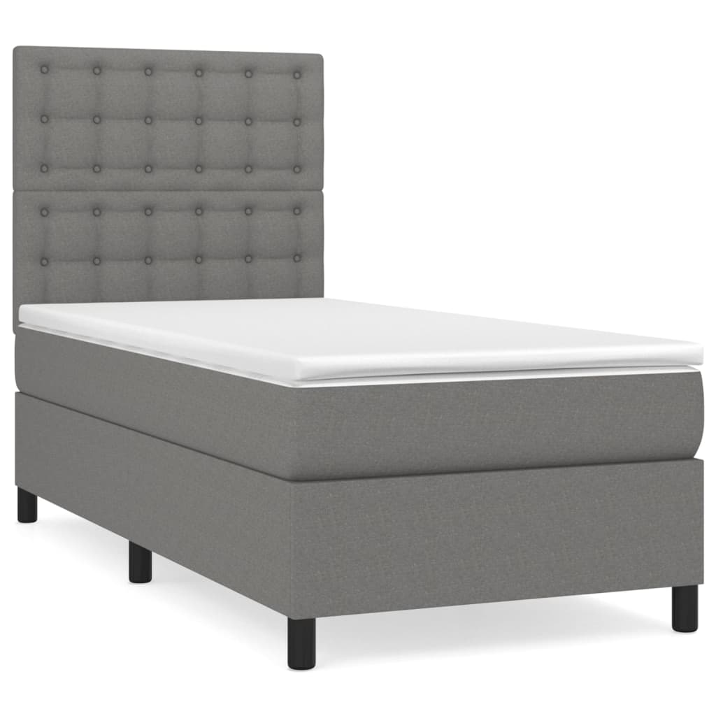 Cama box spring con colchón tela gris oscuro 100x200 cm botones
