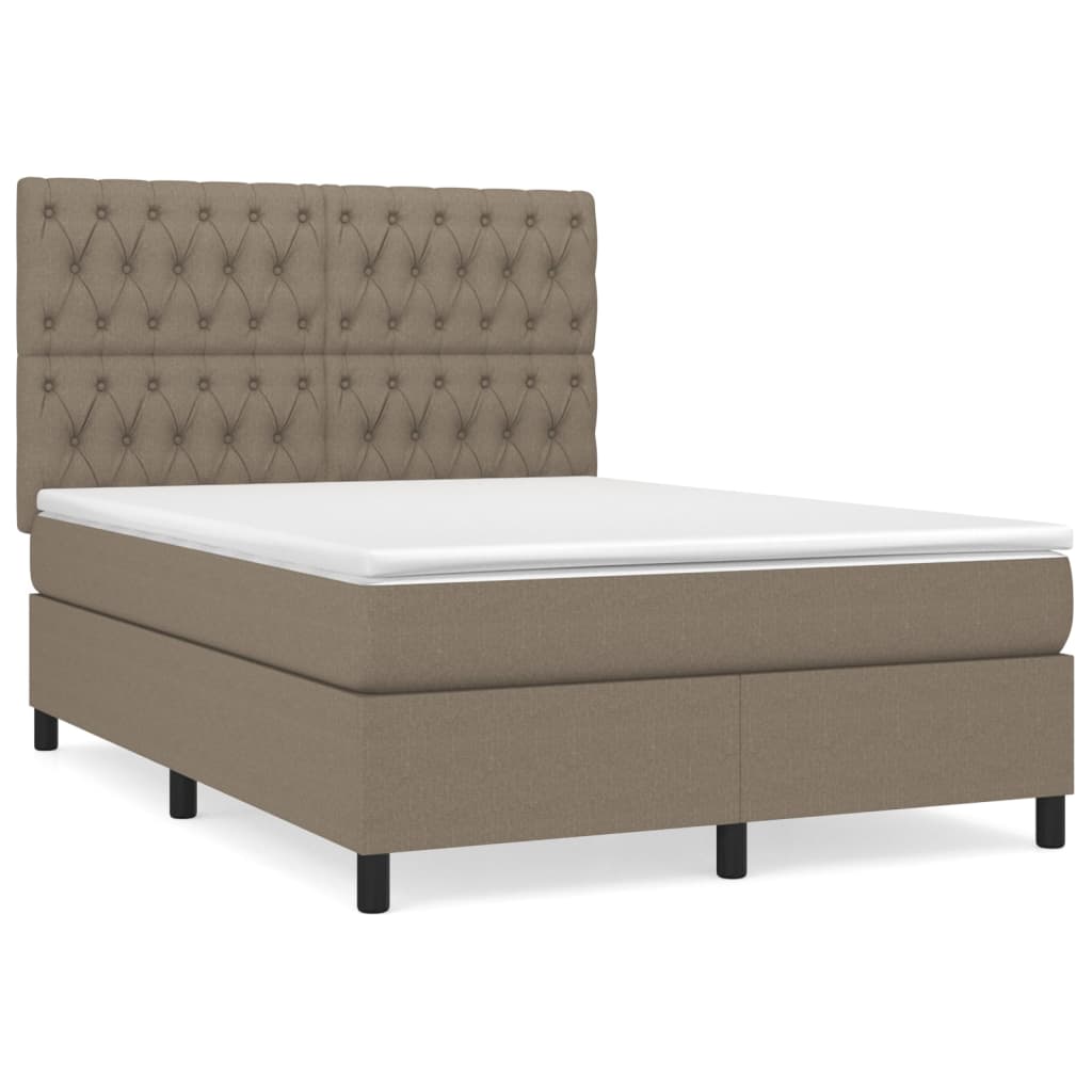 Cama box spring con colchón tela gris taupe 140x190 cm diseño de botones