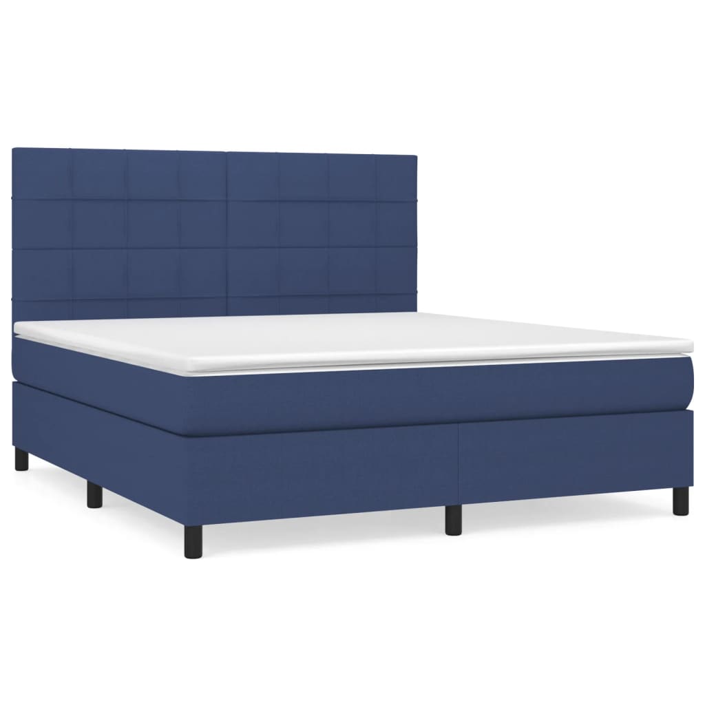 Cama box spring con colchón tela azul 160x200 cm bloques con cuadros