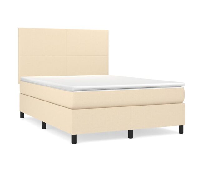 Cama box spring con colchón tela color crema 140x190 cm diseño plano