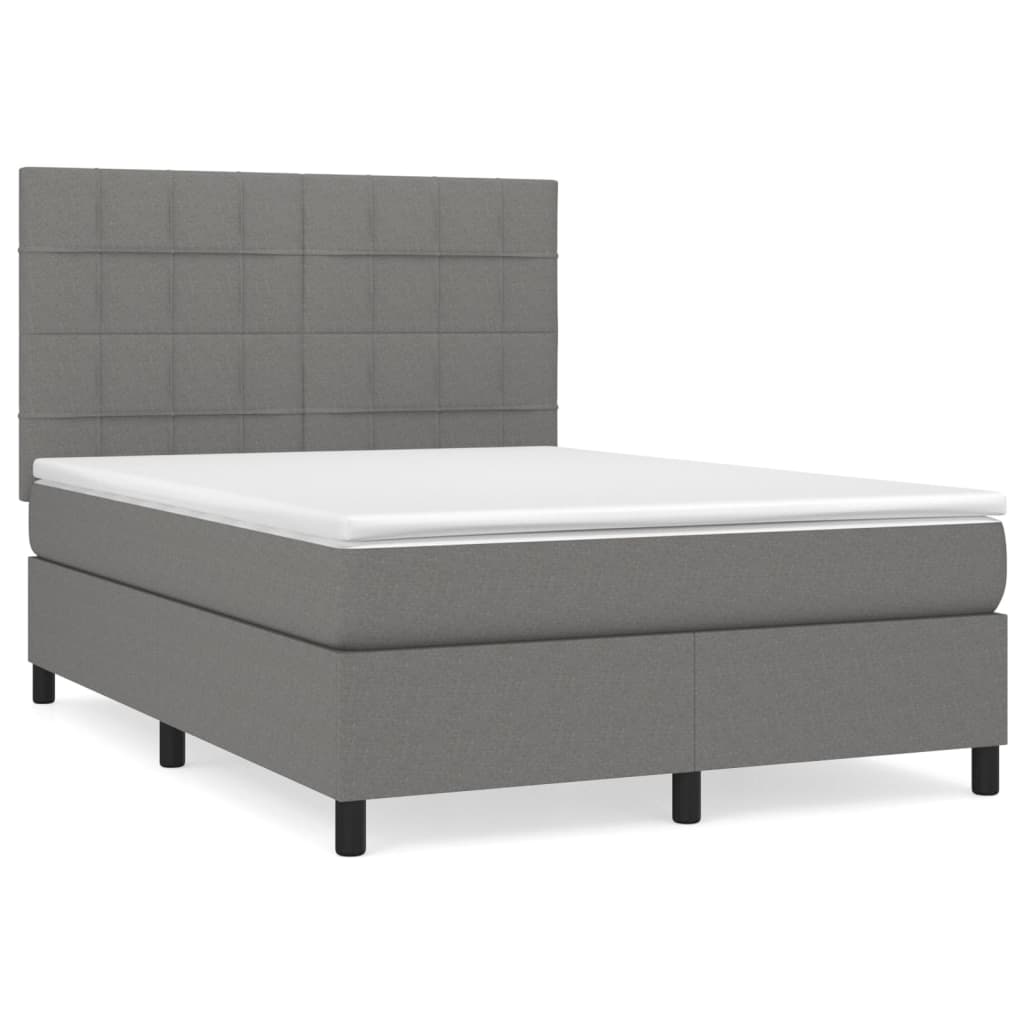 Cama box spring con colchón tela gris oscuro 140x190 cm bloques con cuadros