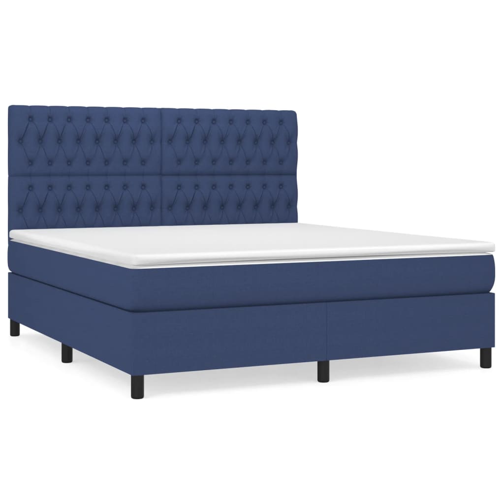 Cama box spring con colchón tela azul 180x200 cm diseño de botones