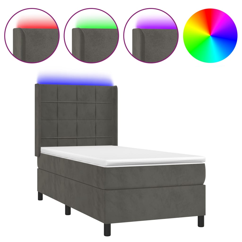 Cama box spring colchón y led terciopelo gris oscuro 80x200 cm bloques con cuadros