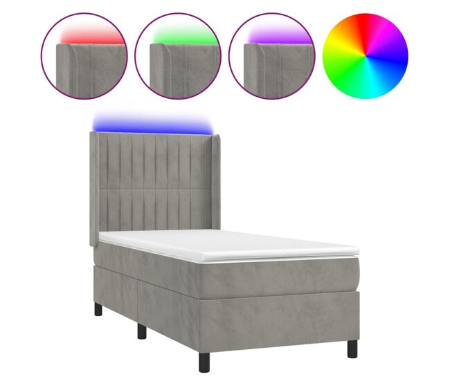 Cama box spring colchón y led terciopelo gris claro 80x200 cm rayas verticales