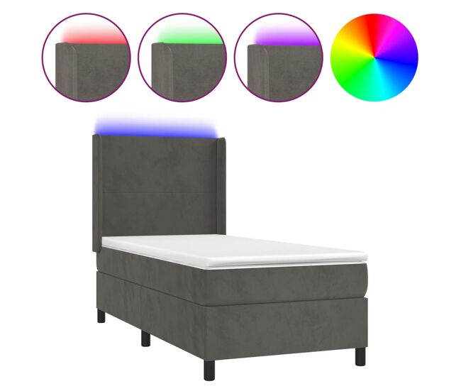 Cama box spring colchón y led terciopelo gris oscuro 90x190 cm diseño plano