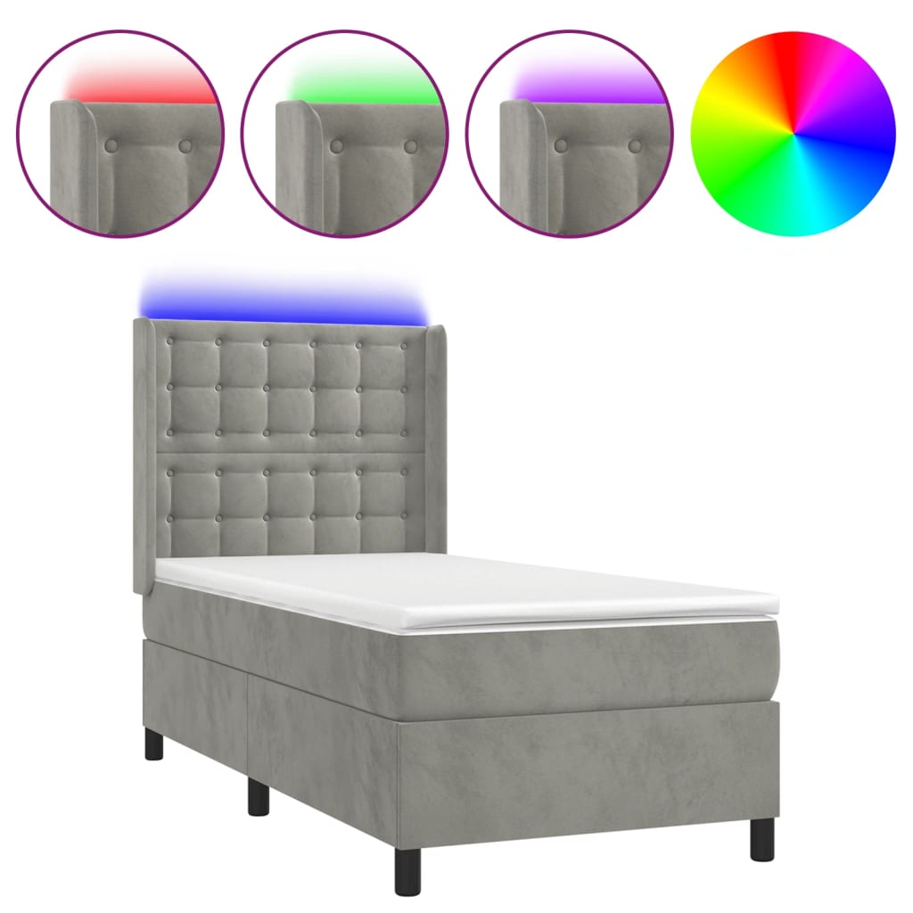 Cama box spring colchón y LED terciopelo - Botones 80x200 Gris Claro