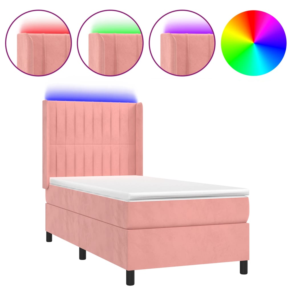 Cama box spring colchón y LED terciopelo - Rayas verticales 90x200 Rosa