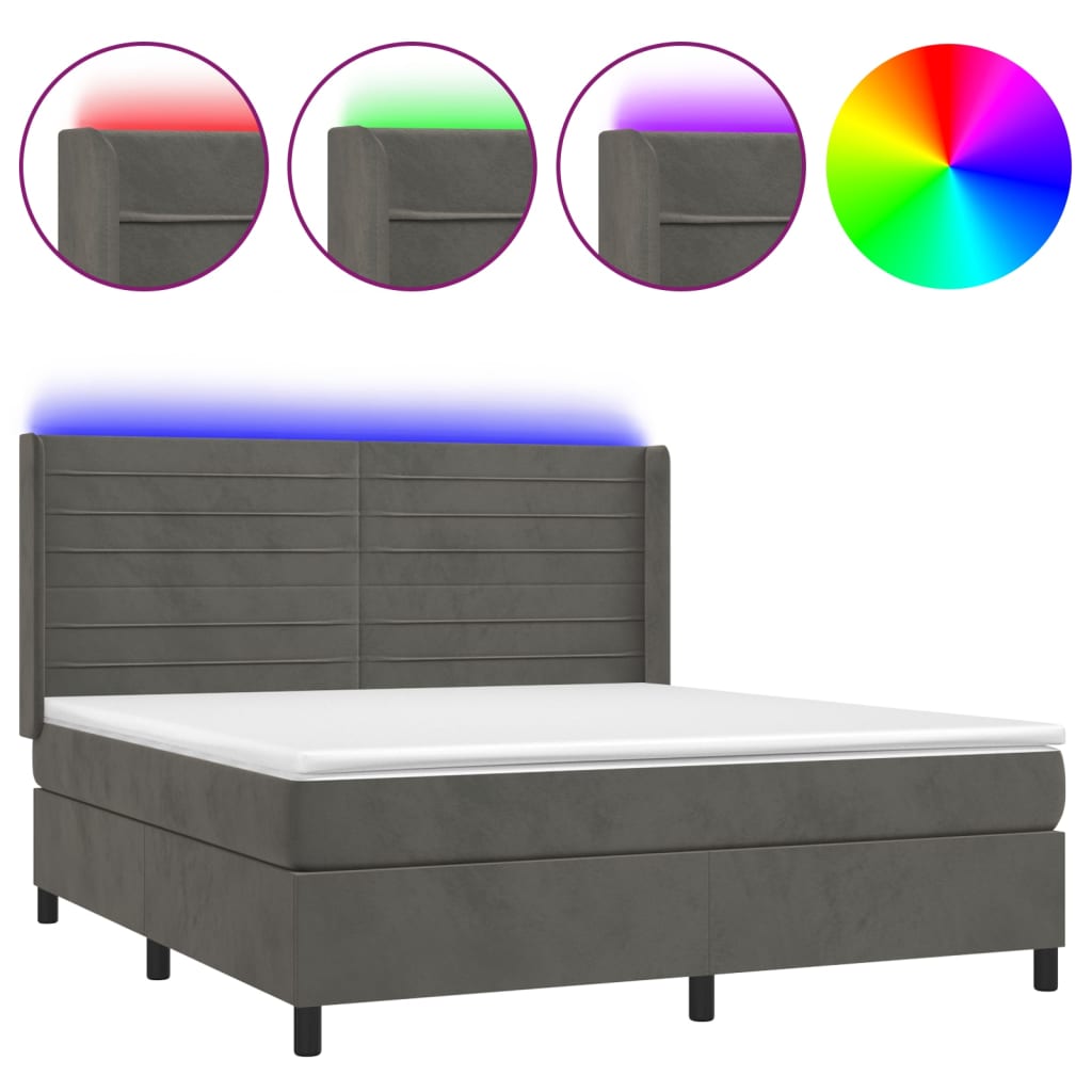 Cama box spring colchón y LED terciopelo - Rayas horizontales 160x200 Gris Oscuro