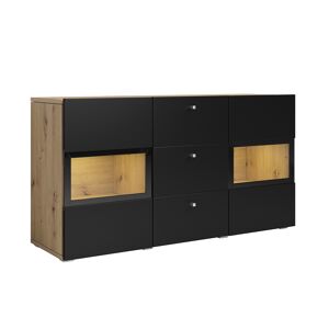 Aparador 2 portas 3 gavetas com LED Sloan Preto e Madeira