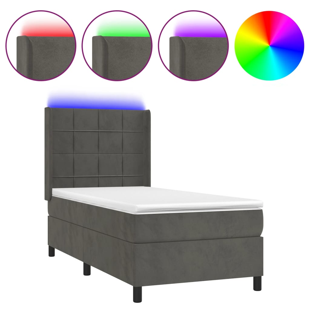 Cama box spring colchón y led terciopelo gris oscuro 90x200 cm bloques con cuadros