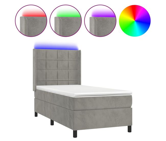 Cama box spring colchón y led terciopelo gris claro 90x200 cm bloques con cuadros