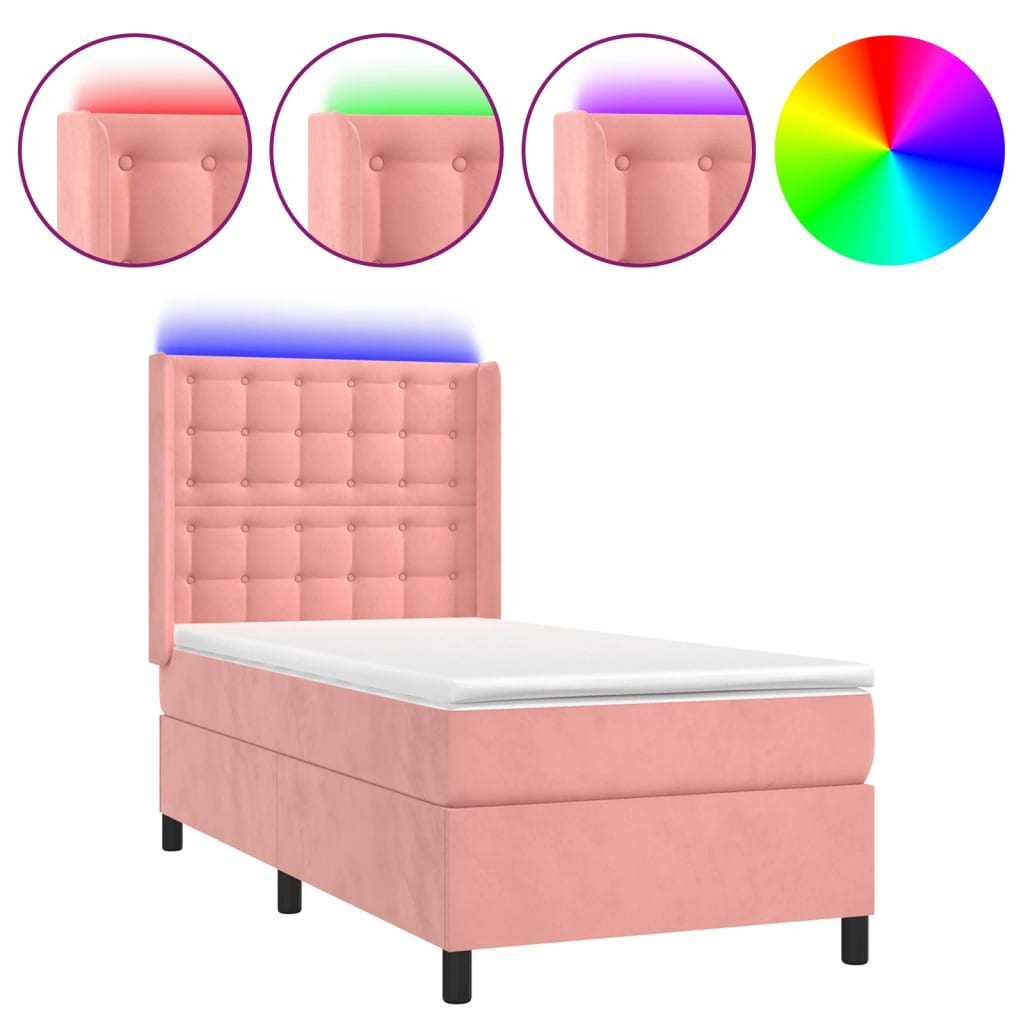 Cama box spring colchón y led terciopelo rosa 100x200 cm botones