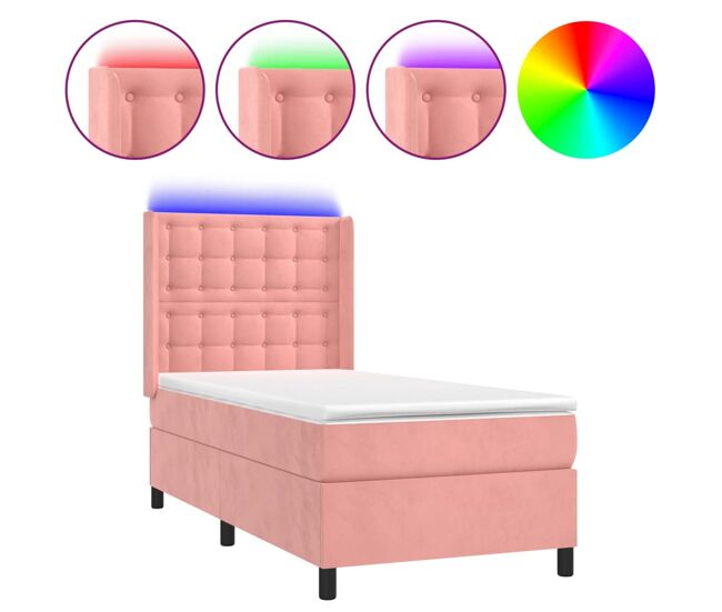 Cama box spring colchón y led terciopelo rosa 100x200 cm botones