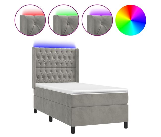 Cama box spring colchón y led terciopelo gris claro 90x200 cm diseño de botones