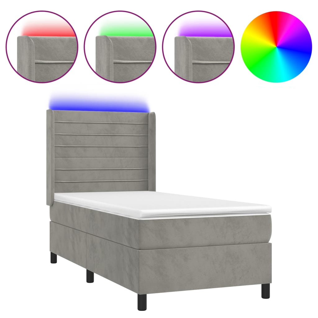 Cama box spring colchón y led terciopelo gris claro 90x200 cm rayas horizontales