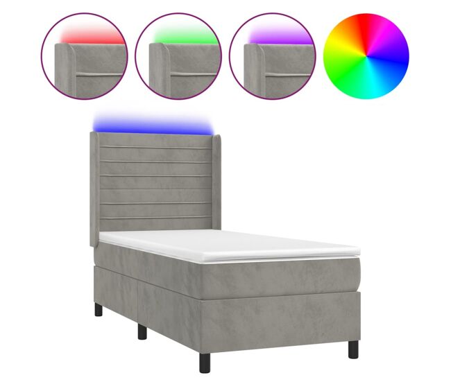 Cama box spring colchón y led terciopelo gris claro 90x200 cm rayas horizontales