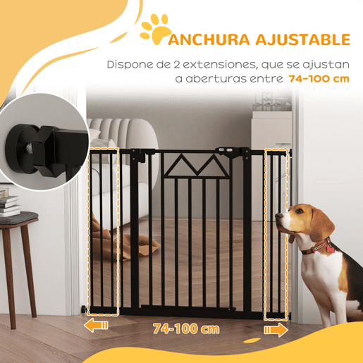 PawHut Barreira de Segurança Extensível Barreira para Animais de Estimação com Fecho Automático e Sistema de Duplo Bloqueio para Porta Corredor Escada 74-100x76 cm Preto