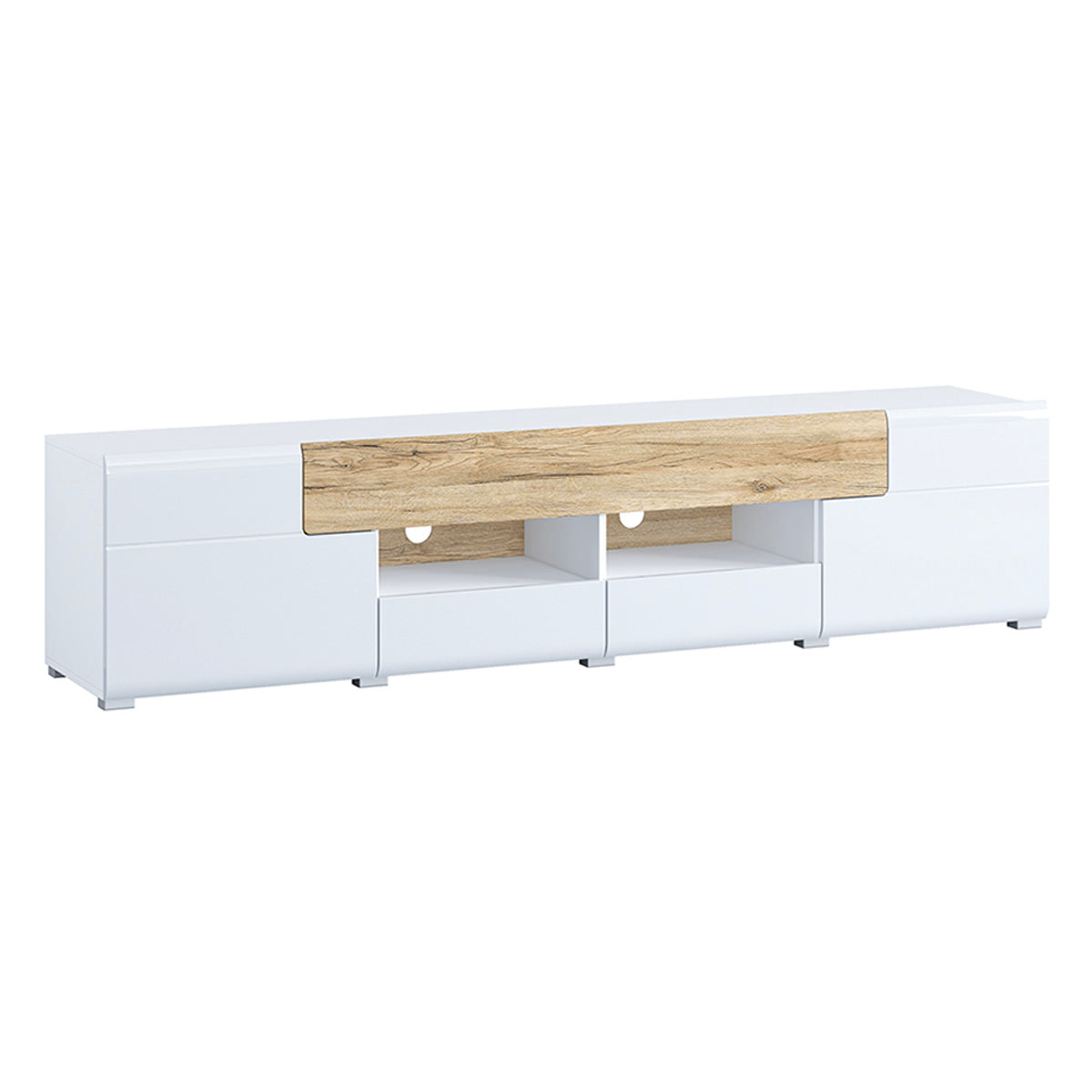 mueble tv 2 puertas 2 cajones 208 cm jules blanco y madera