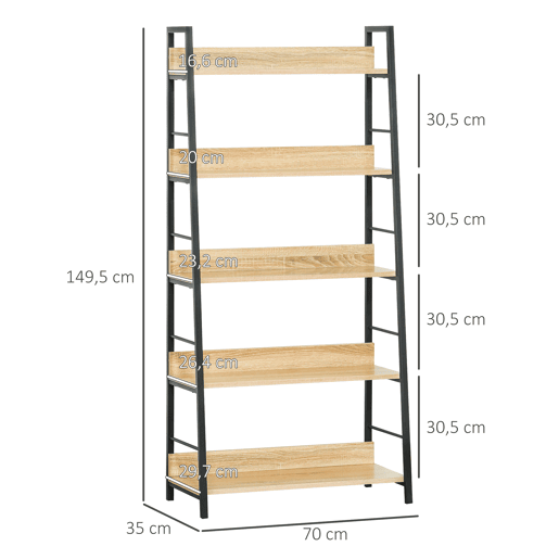 HOMCOM Estante de Estilo Industrial com 5 Níveis Estante de Sala de Estar para Livros com Estrutura de Metal Carga 25 kg para Escritório Estudo 70x35x149,5 cm Natural