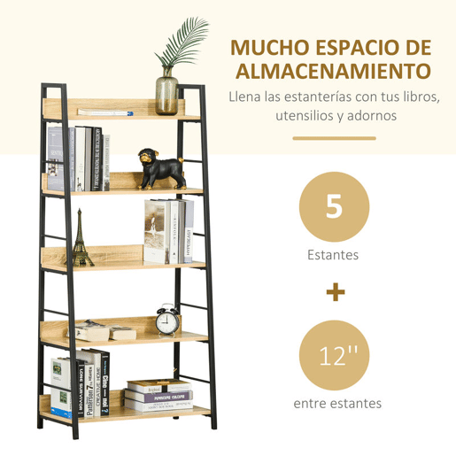 HOMCOM Estante de Estilo Industrial com 5 Níveis Estante de Sala de Estar para Livros com Estrutura de Metal Carga 25 kg para Escritório Estudo 70x35x149,5 cm Natural