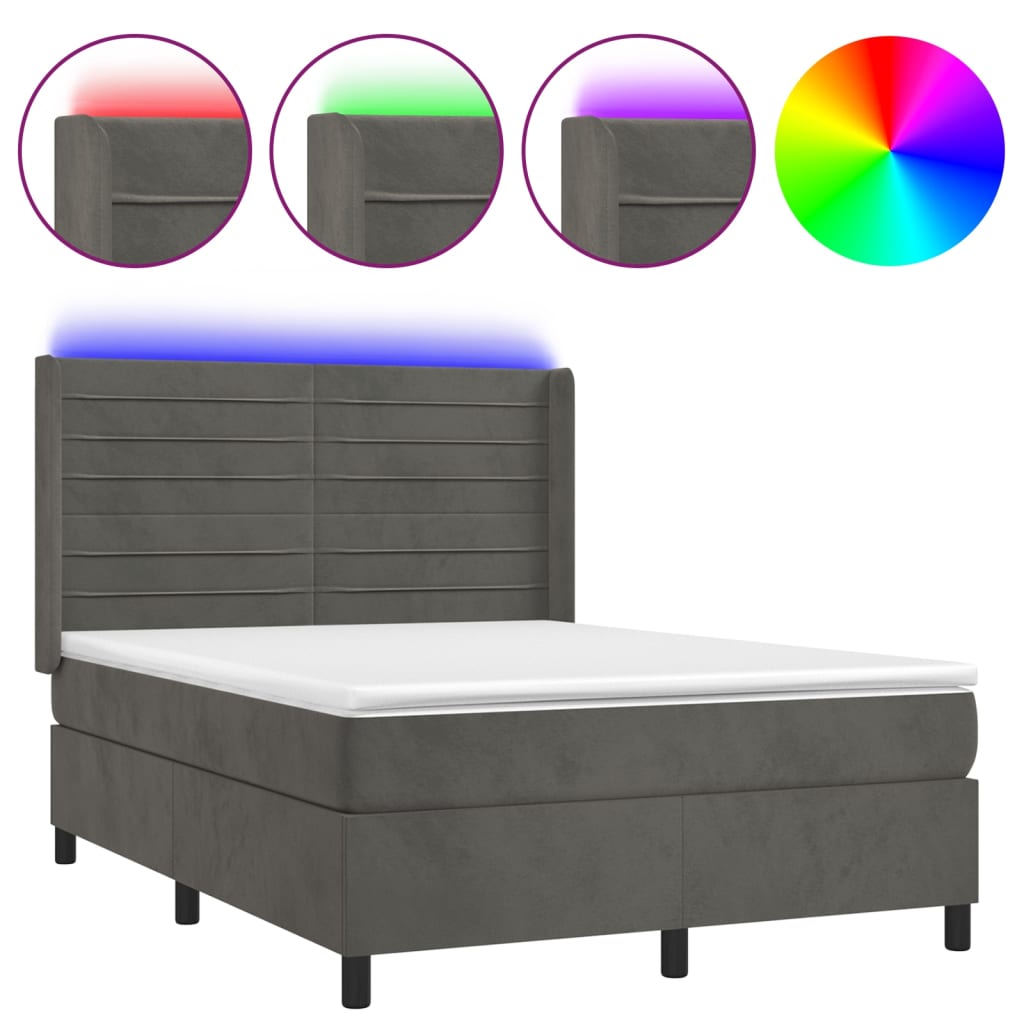 cama box spring colchon y led terciopelo gris oscuro 140x200 cm rayas horizontales
