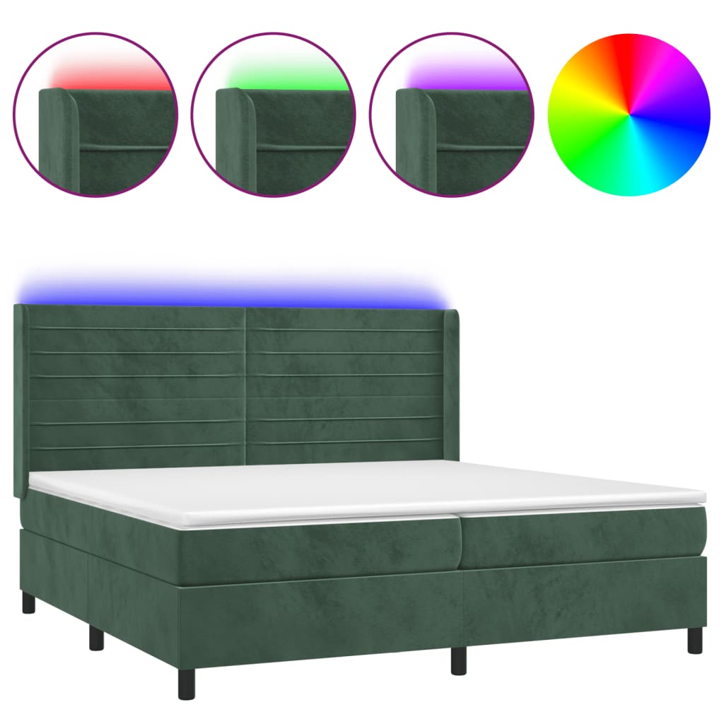 Cama box spring colchón y led terciopelo verde oscuro 200x200cm rayas horizontales