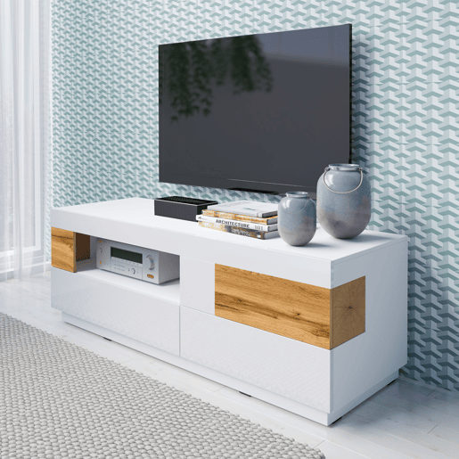Mesa de TV 1 porta 2 gavetas 160 cm Andrea Branco e madeira