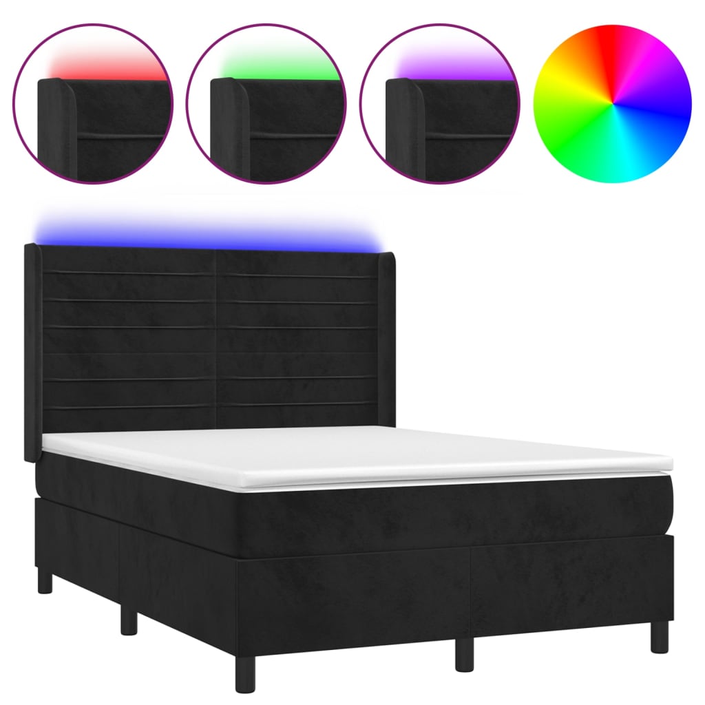 Cama box spring colchón y led terciopelo negro 140x190 cm rayas horizontales