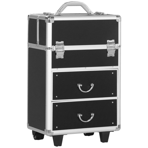 HOMCOM Mala de Maquilhagem Professional Mala para Cosméticos com Rodas 6 Gavetas Extensíveis Fechadura 2 Chaves e Alça Retrátil 36x23x58cm Preto