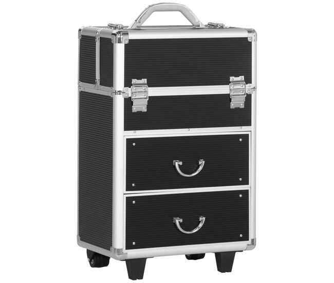 Homcom maletín de maquillaje profesional estuche para cosméticos con ruedas maleta de maquillaje con 6 cajones extensibles cerradura 2 llaves y asa retráctil 36x23x58 cm negro
