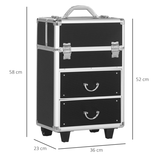 HOMCOM Mala de Maquilhagem Professional Mala para Cosméticos com Rodas 6 Gavetas Extensíveis Fechadura 2 Chaves e Alça Retrátil 36x23x58cm Preto