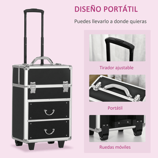 HOMCOM Mala de Maquilhagem Professional Mala para Cosméticos com Rodas 6 Gavetas Extensíveis Fechadura 2 Chaves e Alça Retrátil 36x23x58cm Preto