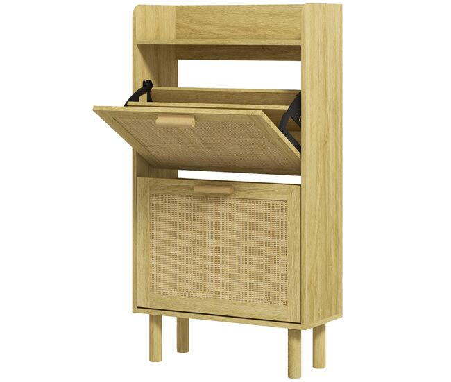 Homcom zapatero estrecho con 2 cajones abatibles, zapatero de recibidor entrada con estante abierto, patas de madera, para 12 pares de zapatos, 80x24,5x110 cm, roble