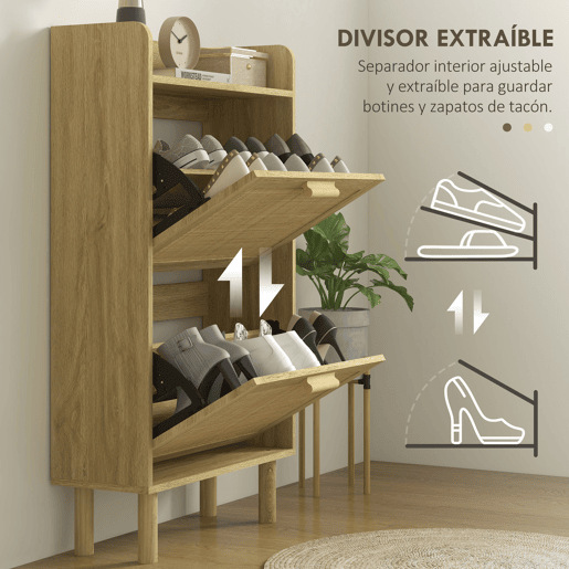HOMCOM Sapateira Estreita com 2 Gavetas Rebatíveis, Sapateira para Entrada com Prateleira Aberta, Pés de Madeira, para 12 Pares de Sapatos, 80x24,5x110 cm, Carvalho