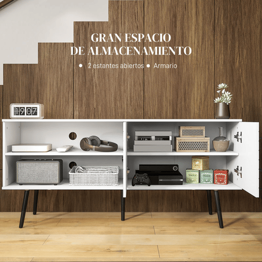 HOMCOM Móvel de TV para Televisores de até 65 Polegadas Móvel de TV para Sala com 2 Prateleiras Abertas 1 Armário com Portas e Orifícios para Cabos 145x38x65 cm Estilo Moderno Branco