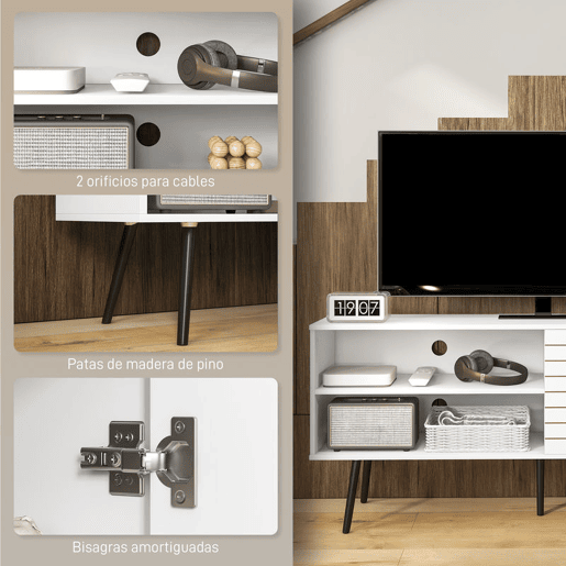 HOMCOM Móvel de TV para Televisores de até 65 Polegadas Móvel de TV para Sala com 2 Prateleiras Abertas 1 Armário com Portas e Orifícios para Cabos 145x38x65 cm Estilo Moderno Branco